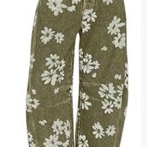 #1078 Olive Green Floral Wide-Leg Barrel Jeans